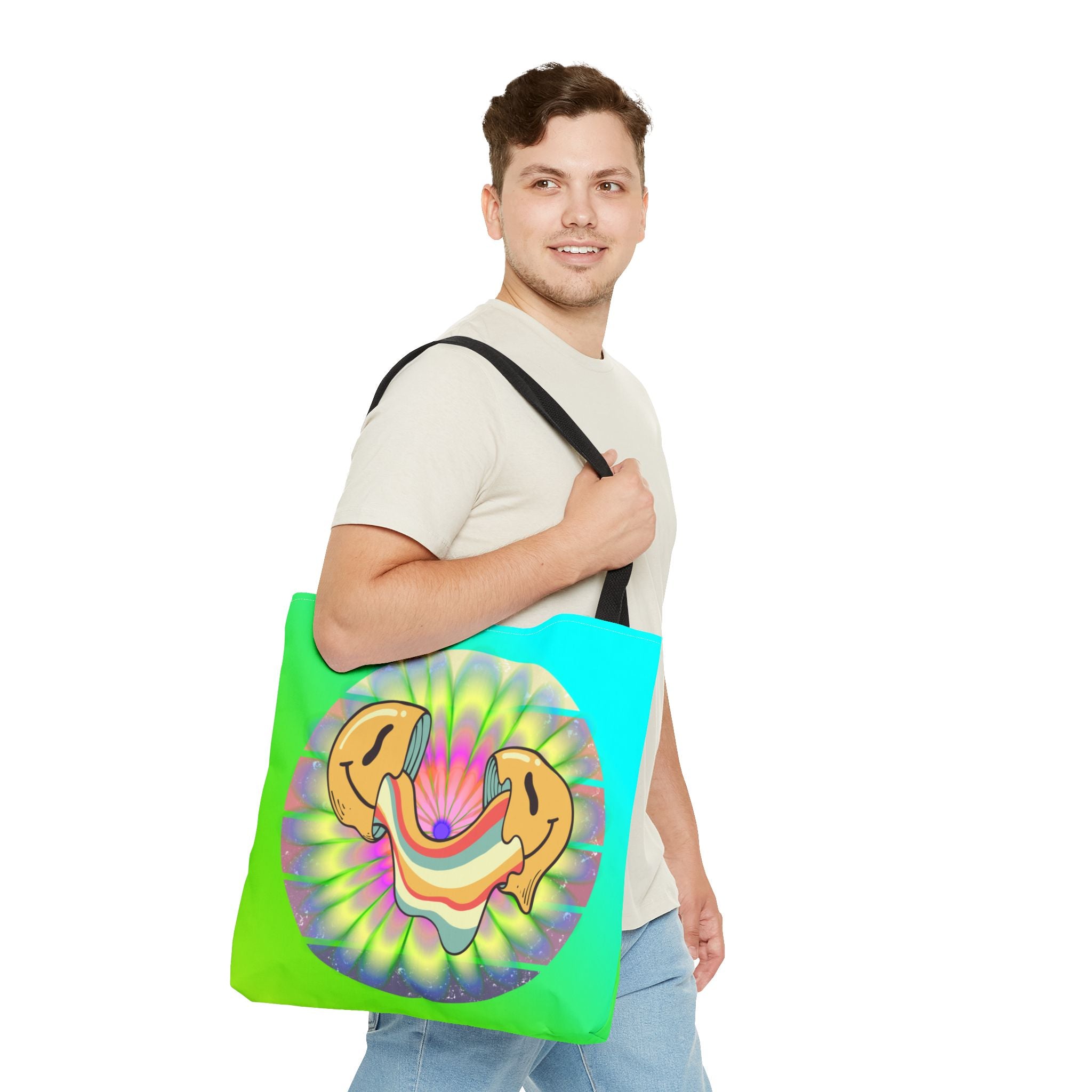 😊🌈 70s Trippy Psychedelic Smiley Tie-Dye Tote Bag ✨🍄