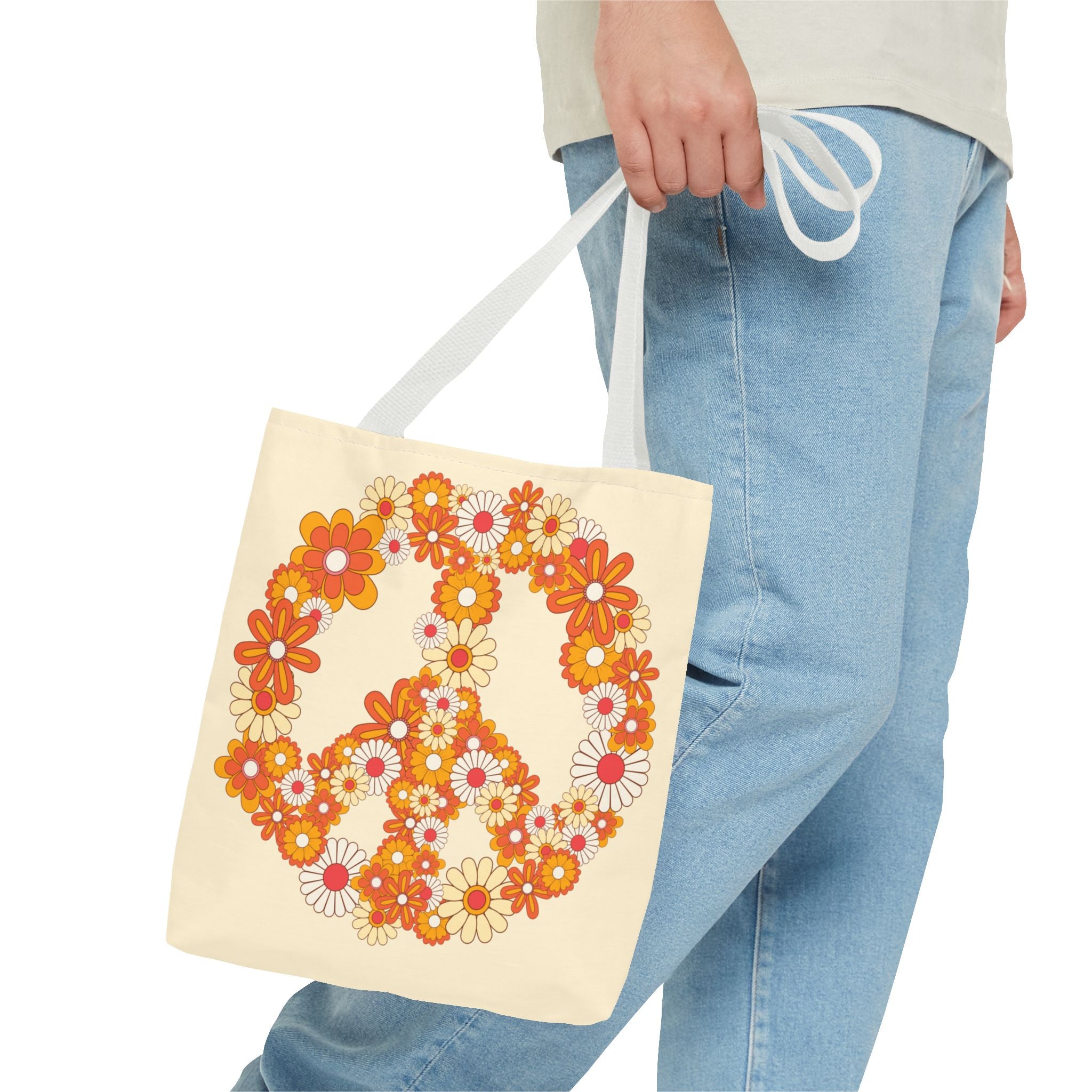 ✌️ 70s Floral Hippie Peace Sign Tote Bag