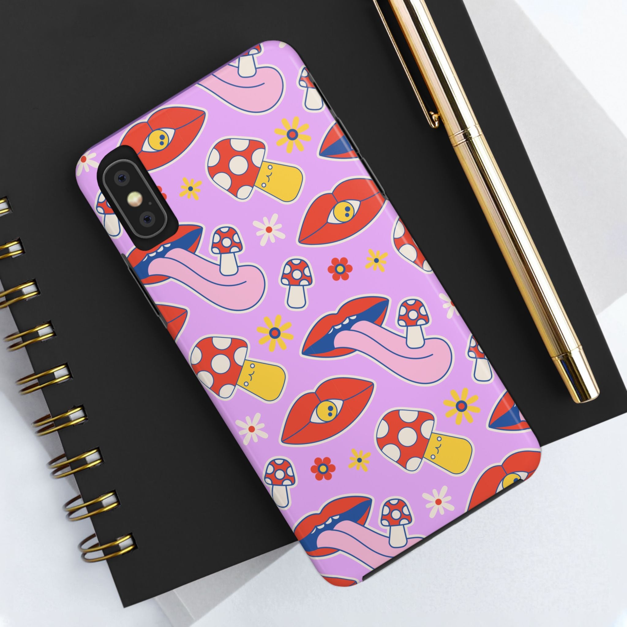 70s Lips Mushrooms Flower Power Purple Phone Case 💜🍄🌼