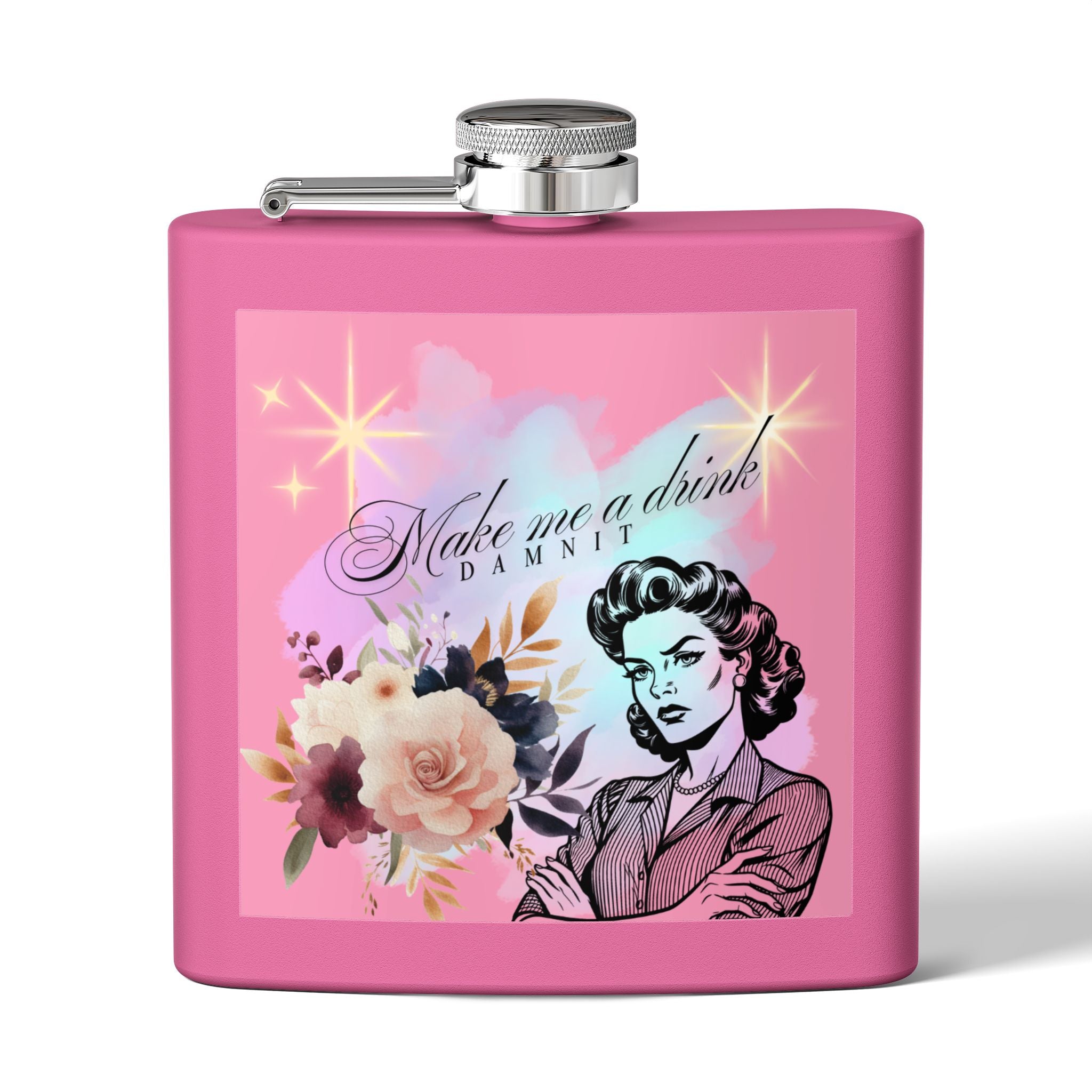 Make Me a Drink, Damnit! Retro Woman Flask