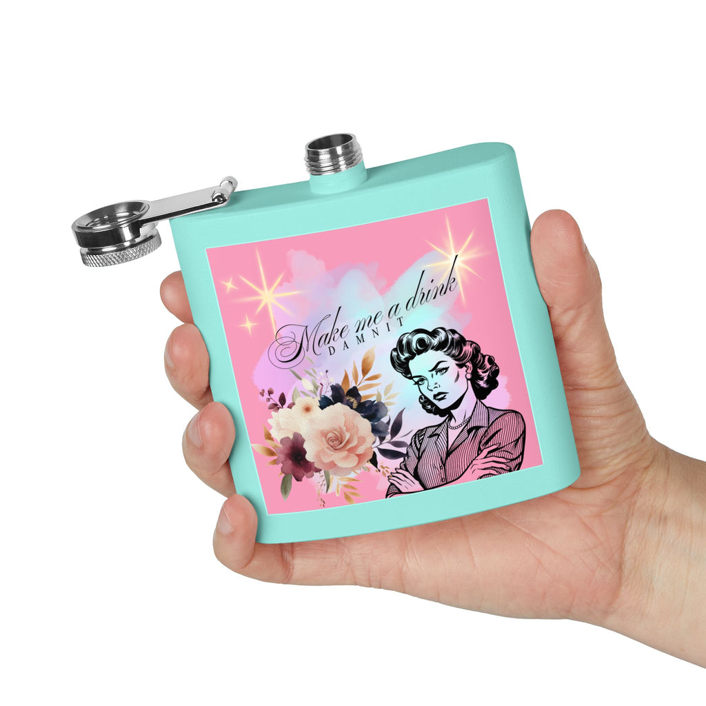 Make Me a Drink, Damnit! Retro Woman Flask