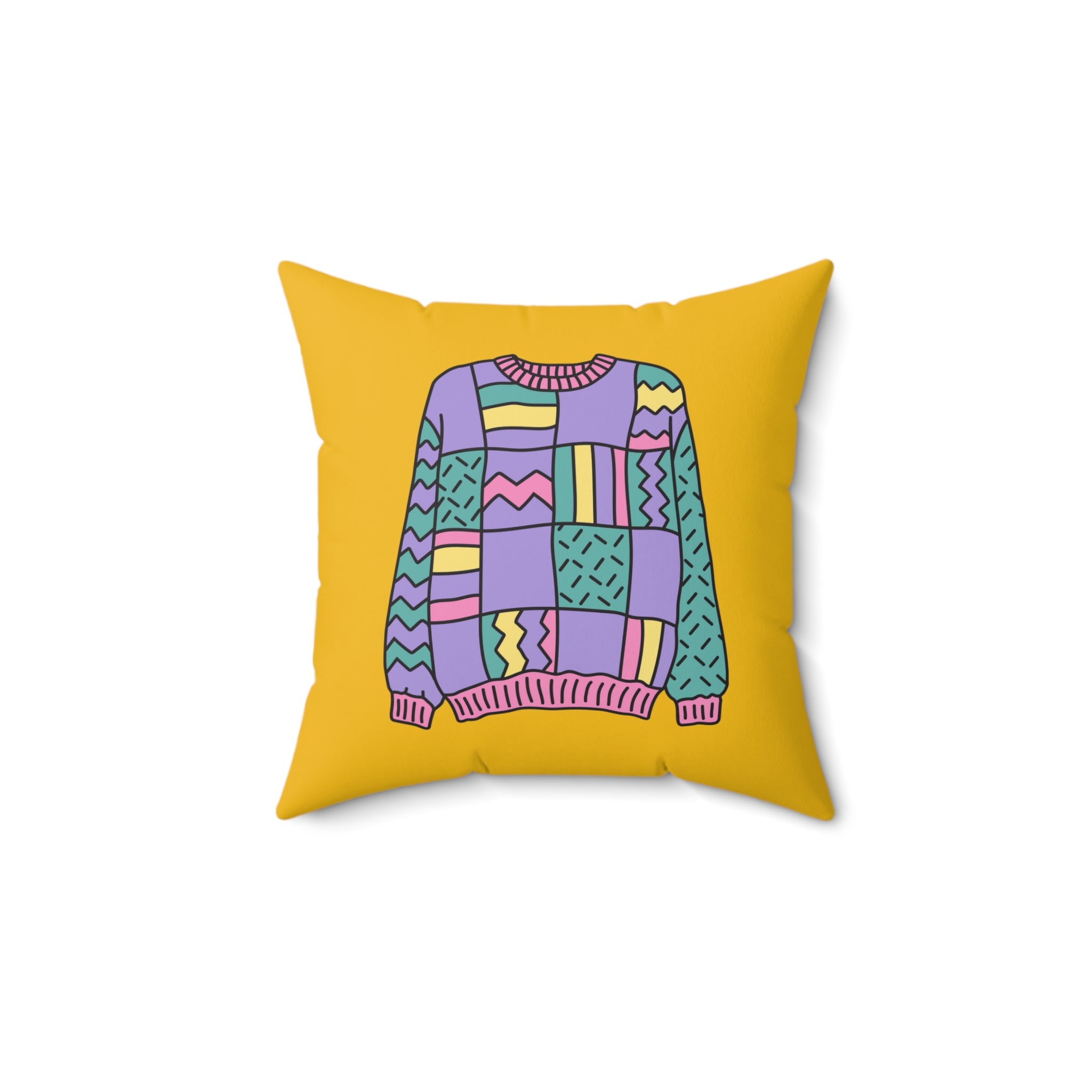 Square Pillow 90s Ugly Sweater Purple Yellow Pink Teal Nostalgic Design