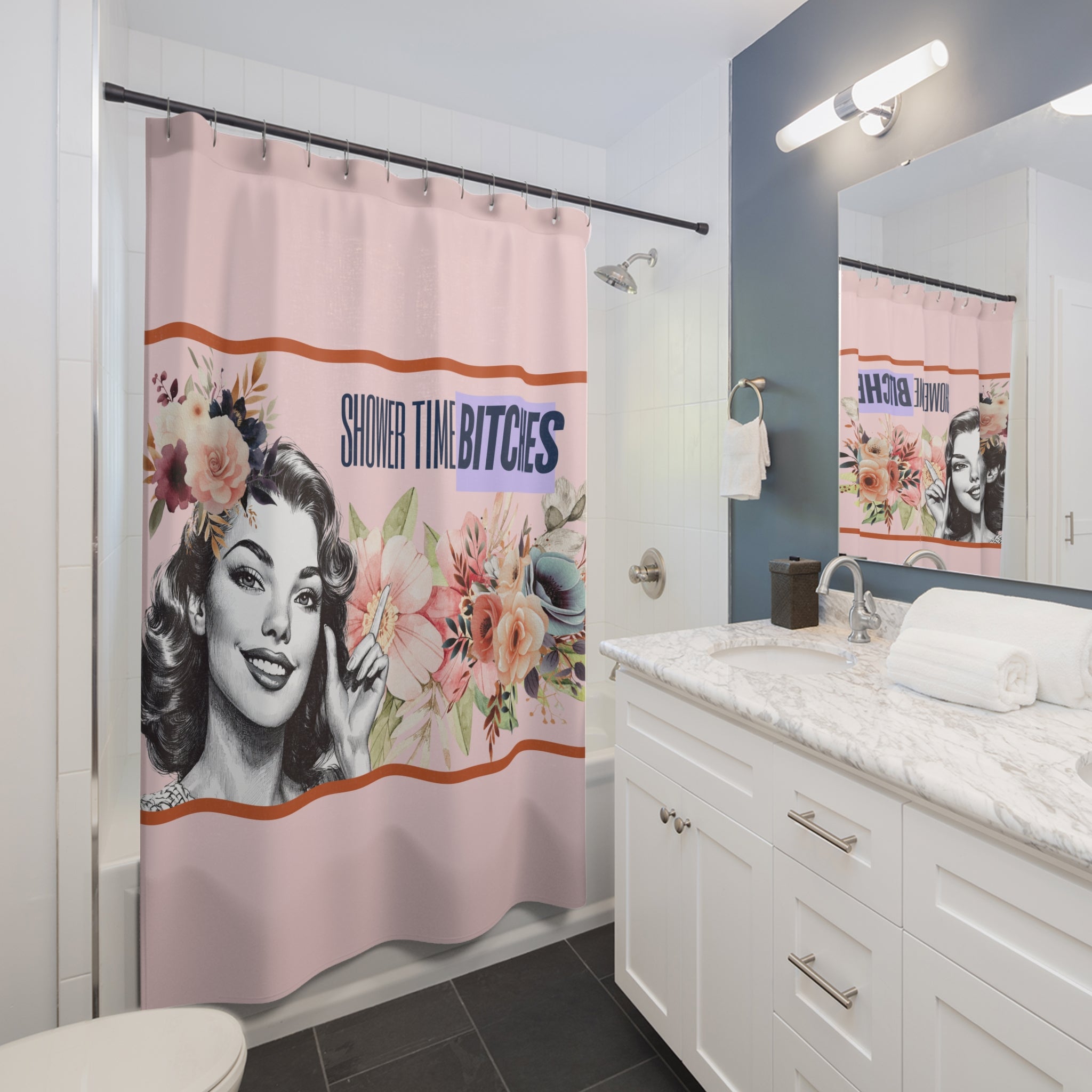 🚿 Vintage Retro Shower Time Bitches Shower Curtain