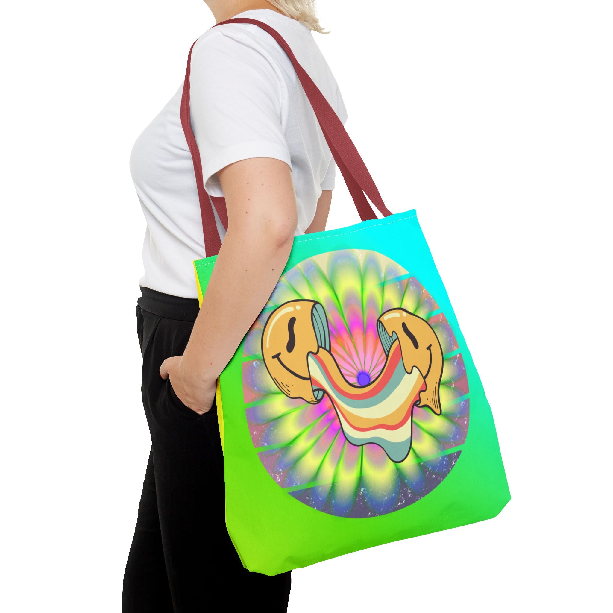 😊🌈 70s Trippy Psychedelic Smiley Tie-Dye Tote Bag ✨🍄