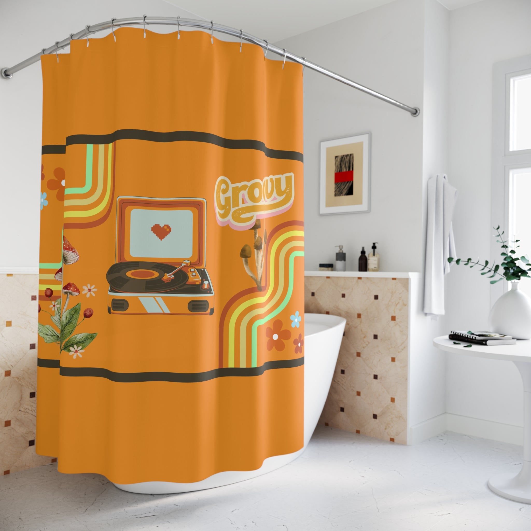 🍄🎶 70s Groovy Mushroom & Record Player Shower Curtain 🌈✨