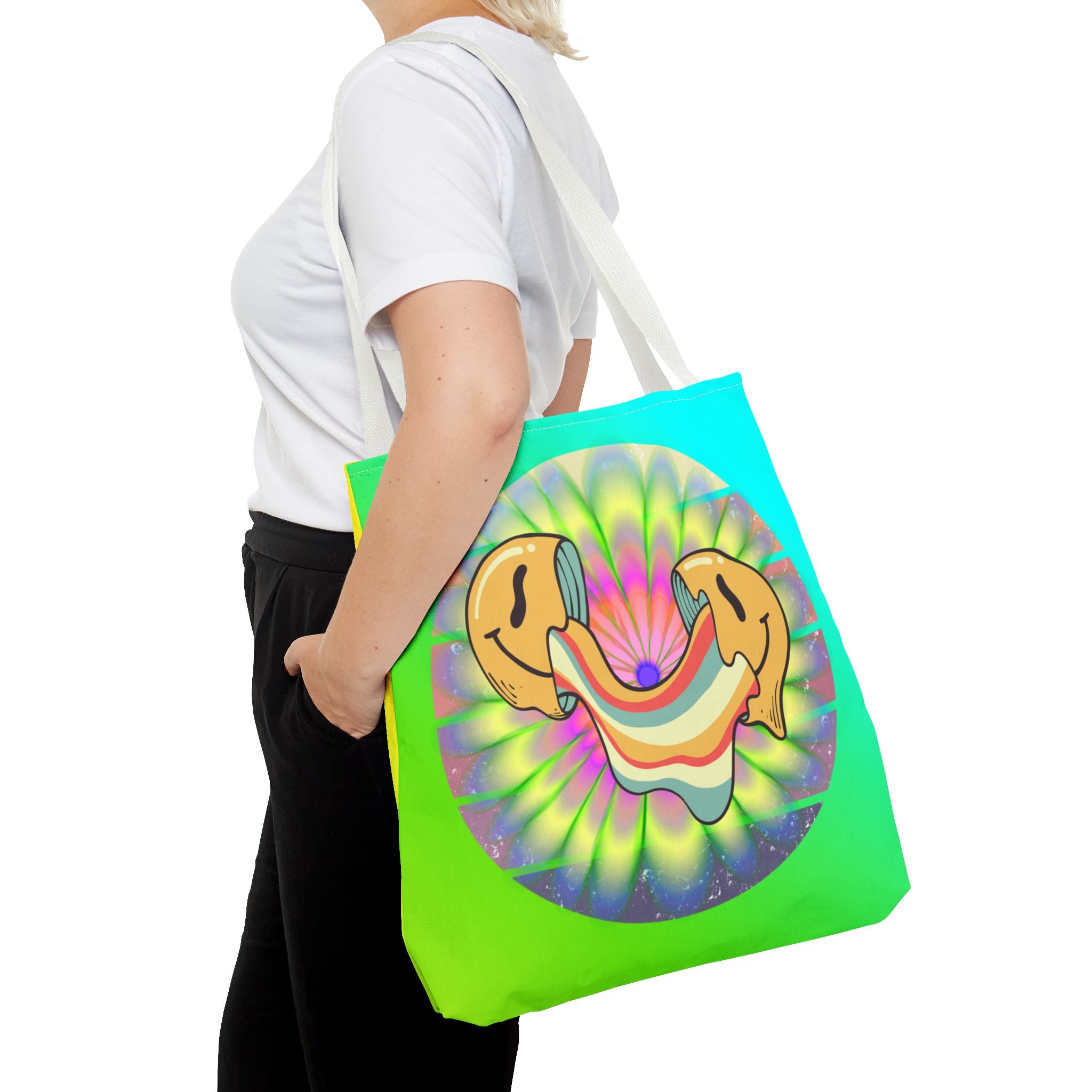 😊🌈 70s Trippy Psychedelic Smiley Tie-Dye Tote Bag ✨🍄