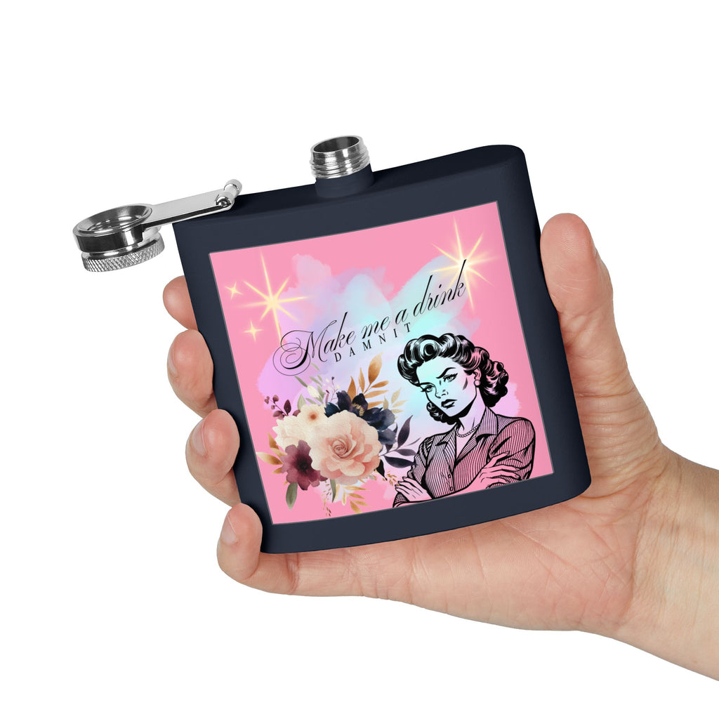 Make Me a Drink, Damnit! Retro Woman Flask