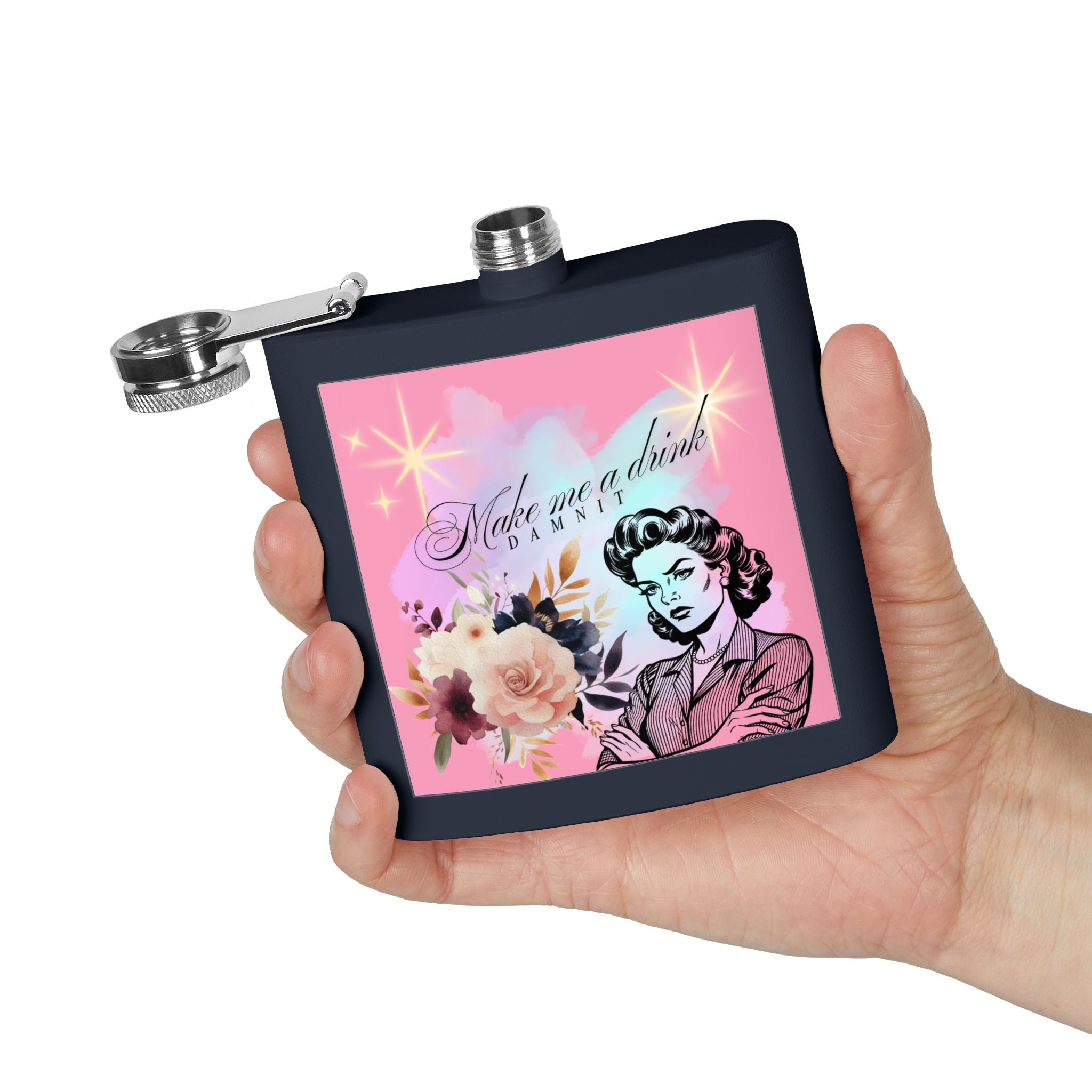 Make Me a Drink, Damnit! Retro Woman Flask
