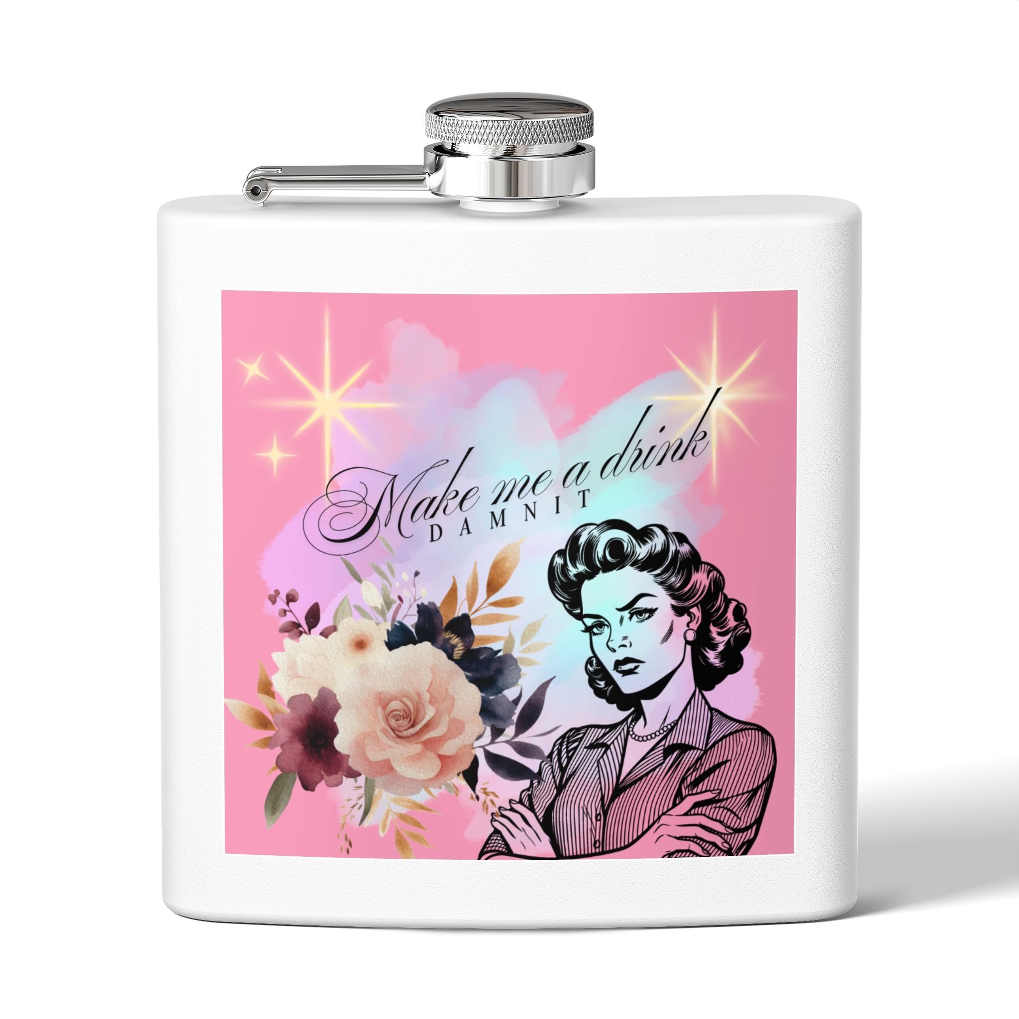 Make Me a Drink, Damnit! Retro Woman Flask