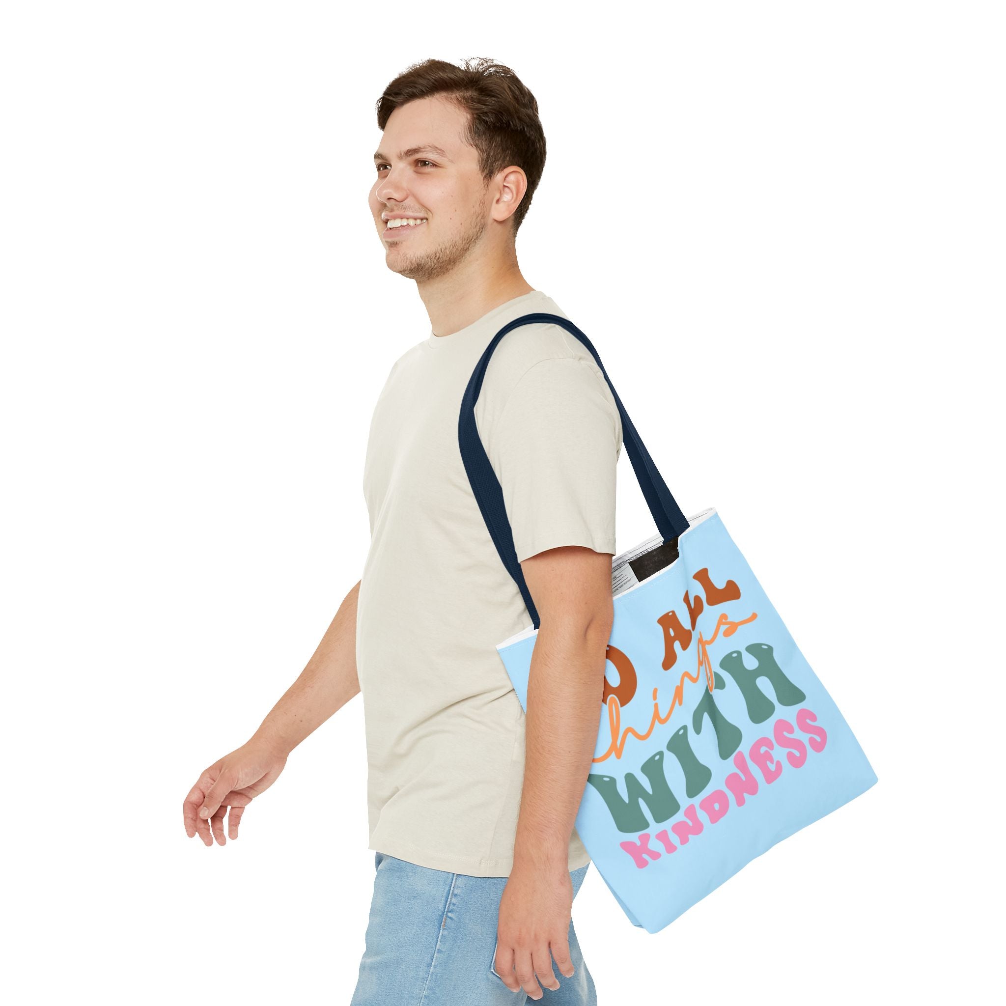 🌸 60s “Do All Things With Kindness” Retro Tote Bag – Baby Blue