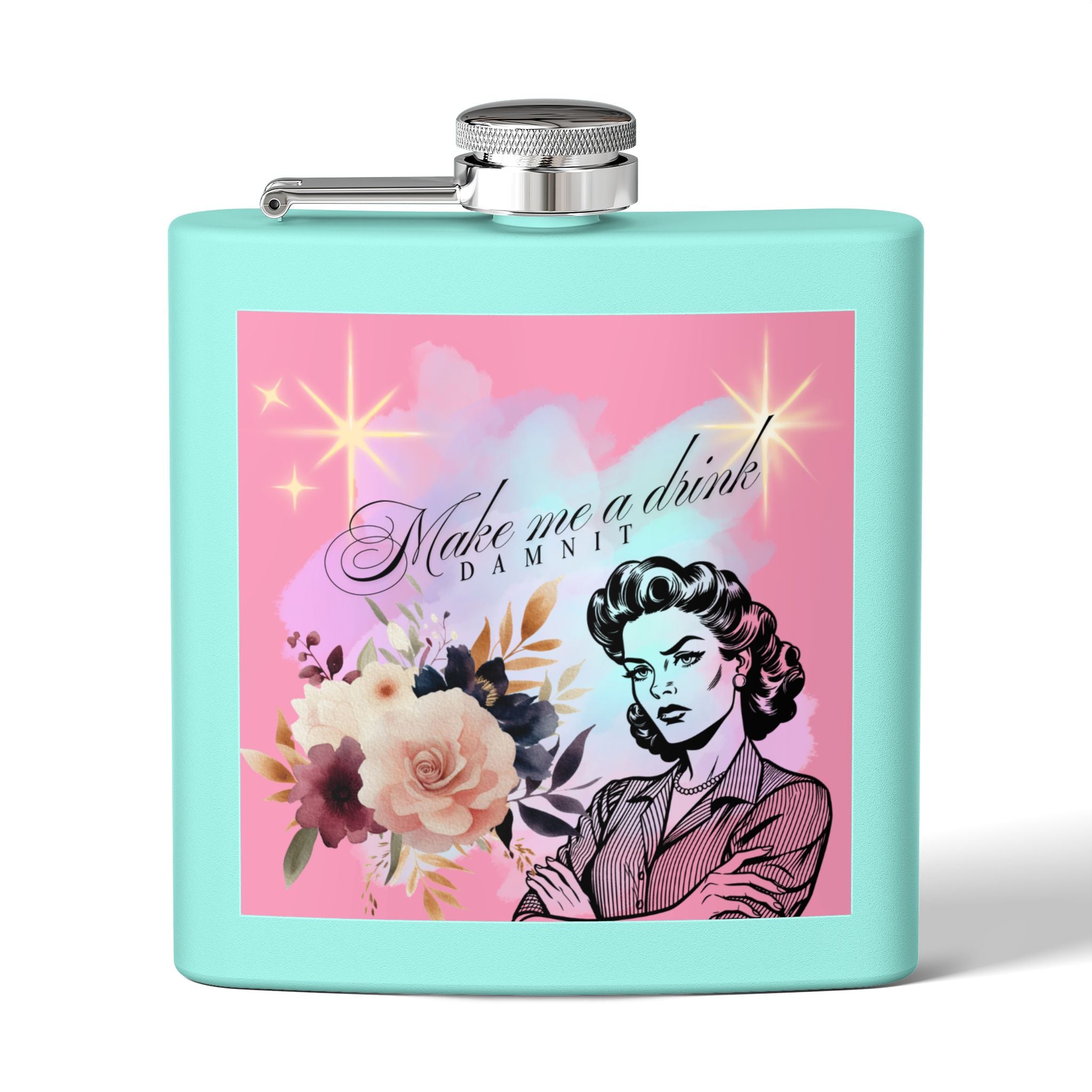 Make Me a Drink, Damnit! Retro Woman Flask
