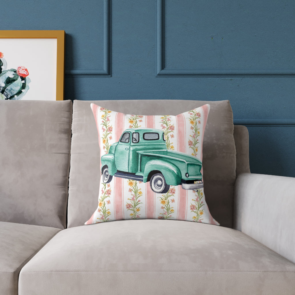 50s Vintage Floral Truck Canvas Pillow