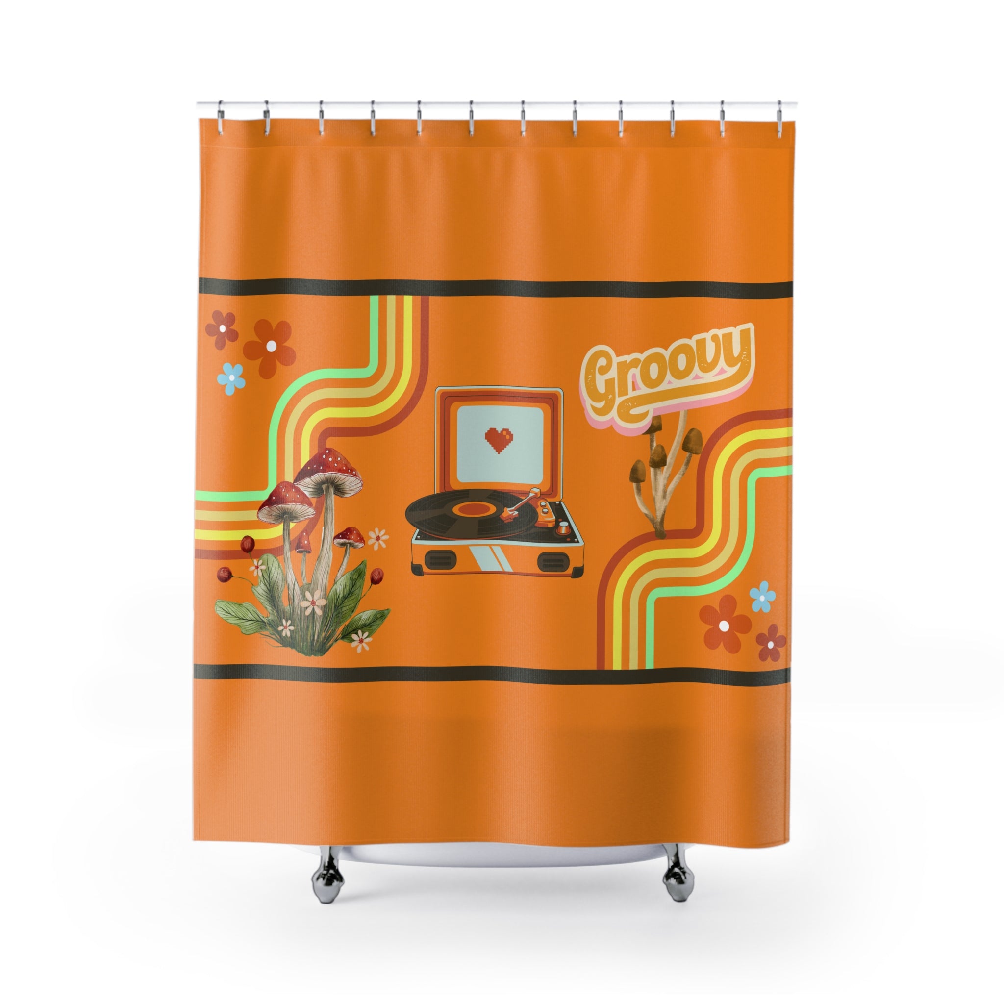 🍄🎶 70s Groovy Mushroom & Record Player Shower Curtain 🌈✨