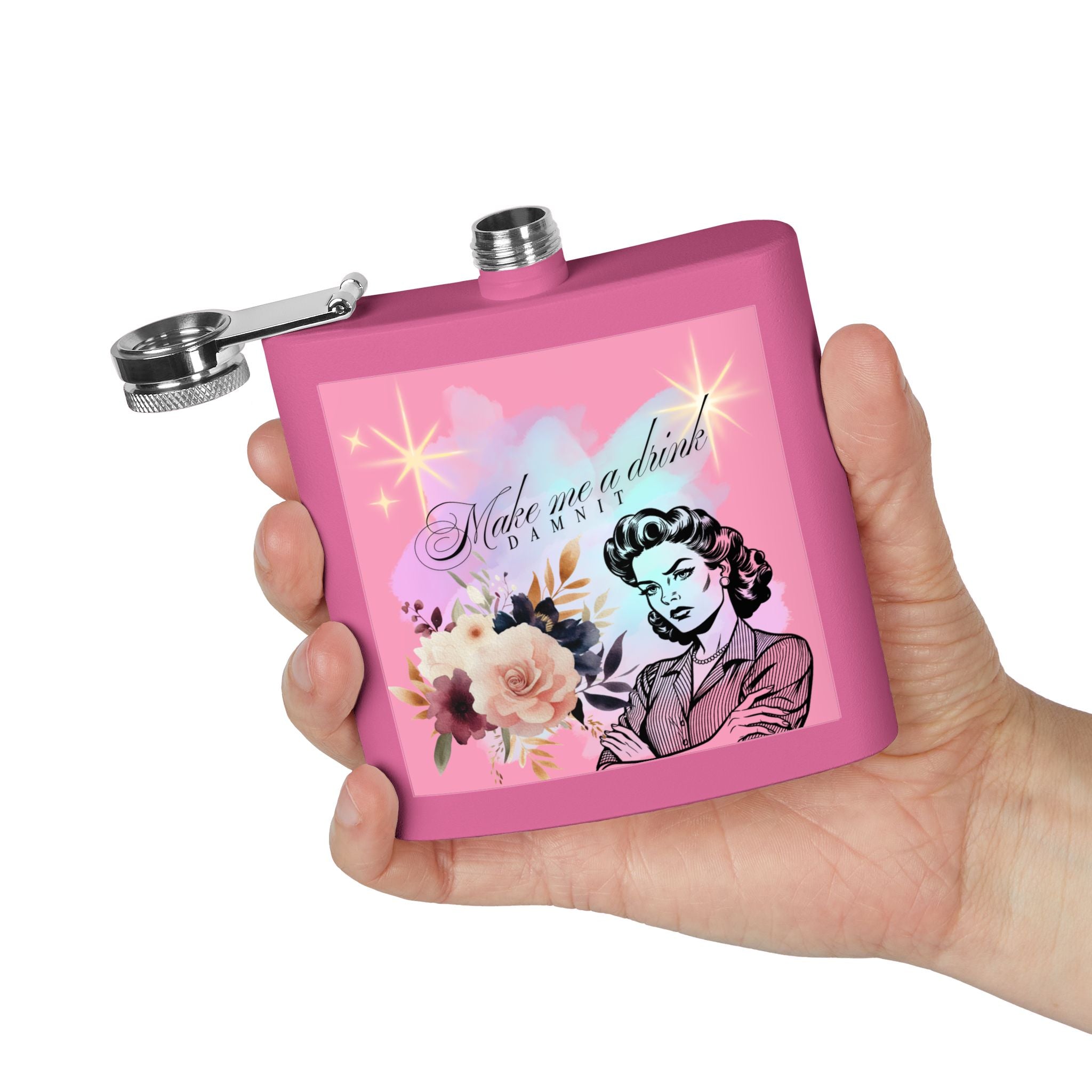 Make Me a Drink, Damnit! Retro Woman Flask