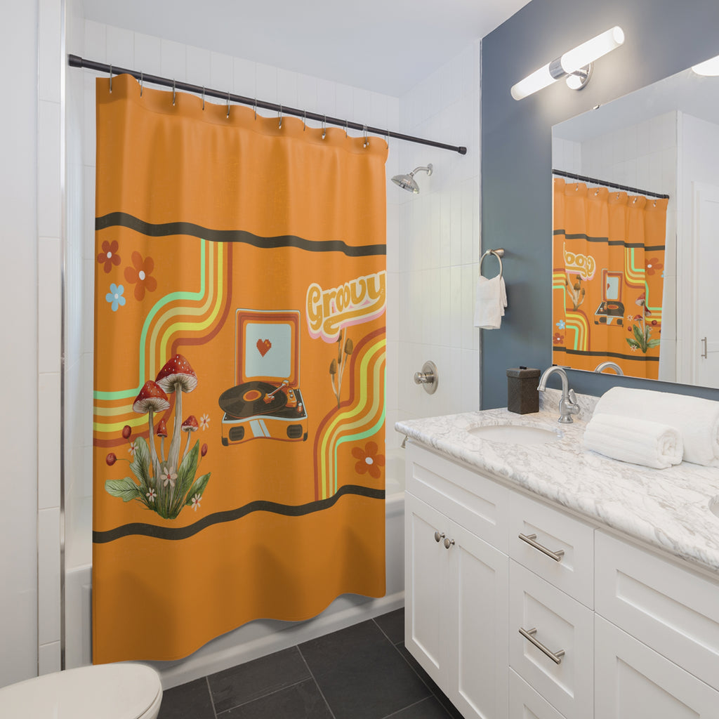 🍄🎶 70s Groovy Mushroom & Record Player Shower Curtain 🌈✨