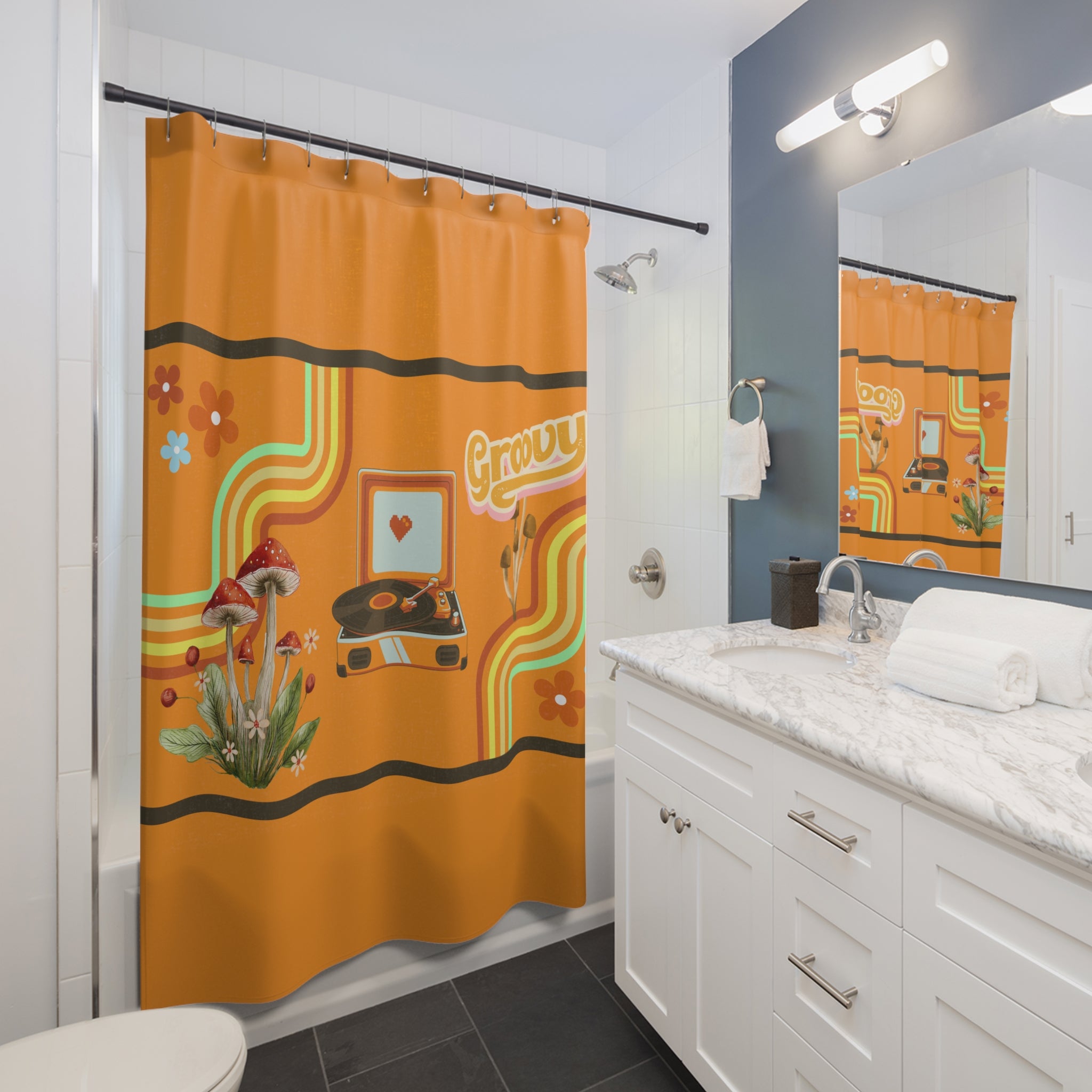 🍄🎶 70s Groovy Mushroom & Record Player Shower Curtain 🌈✨