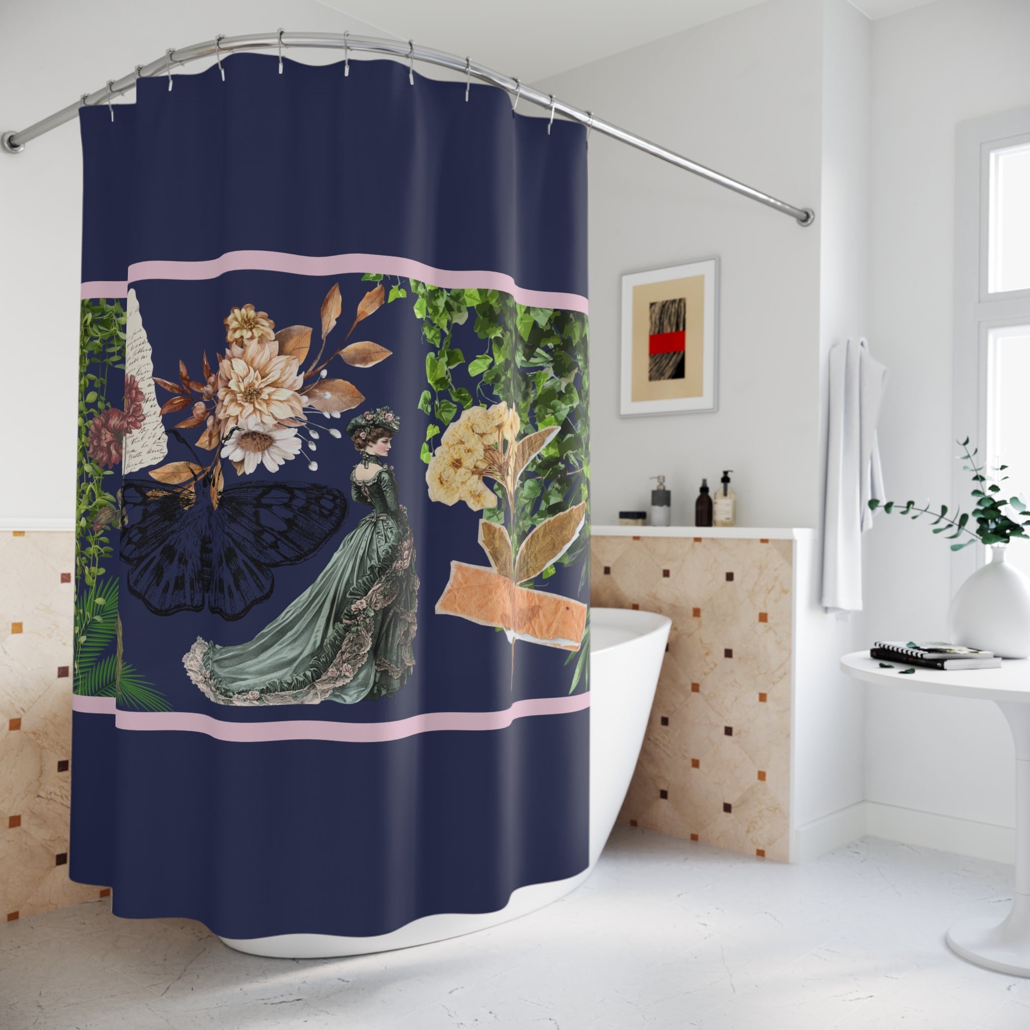 🦋 Vintage Era Plants Moth Lady Shower Curtain