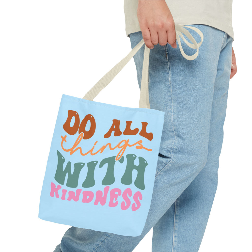 🌸 60s “Do All Things With Kindness” Retro Tote Bag – Baby Blue