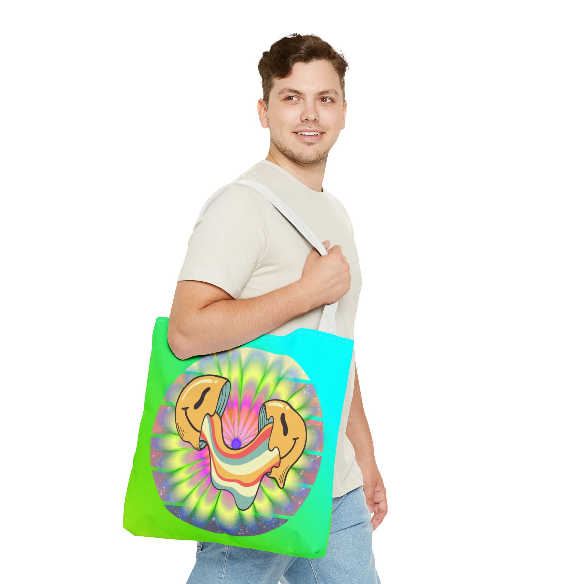 😊🌈 70s Trippy Psychedelic Smiley Tie-Dye Tote Bag ✨🍄