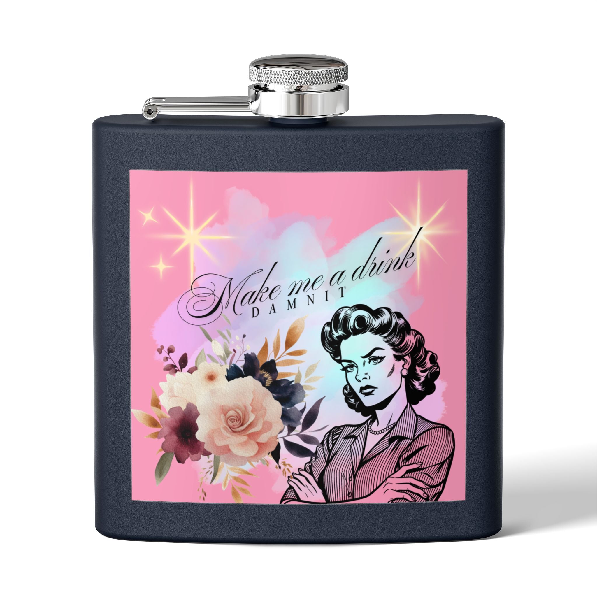Make Me a Drink, Damnit! Retro Woman Flask
