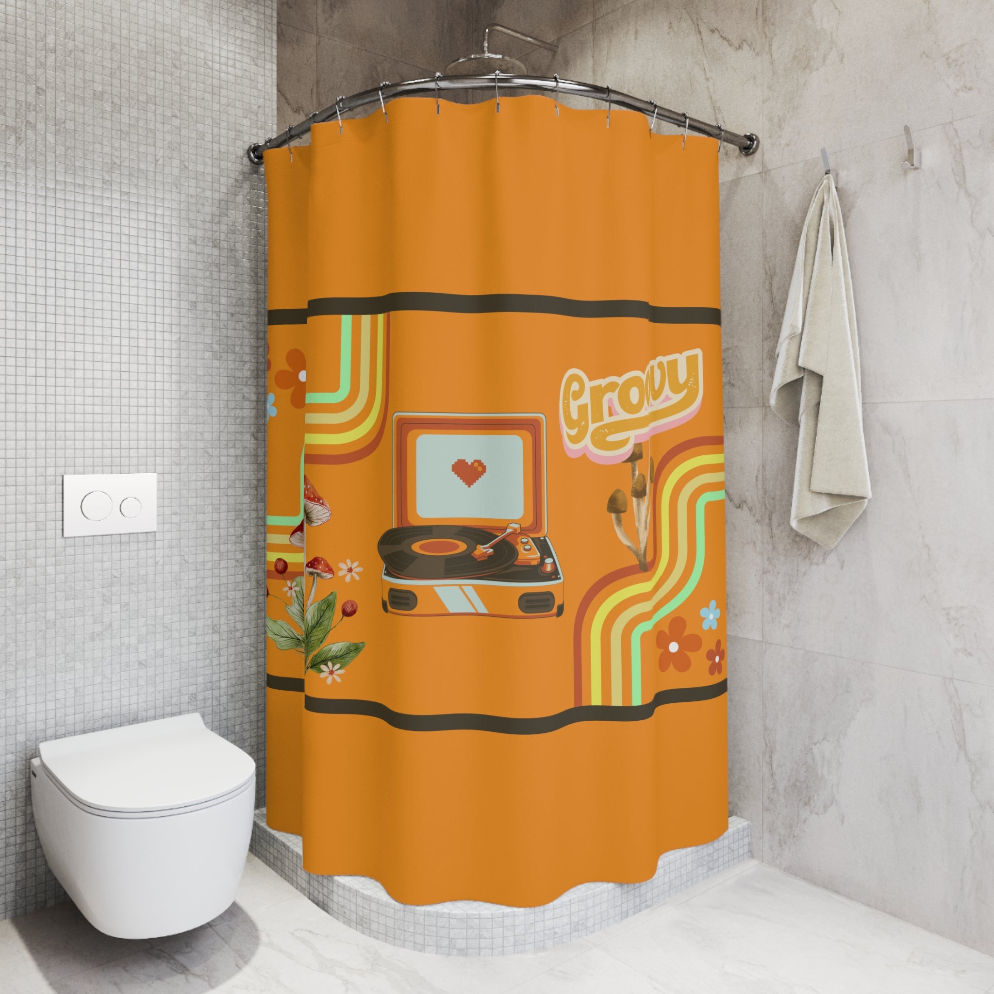 🍄🎶 70s Groovy Mushroom & Record Player Shower Curtain 🌈✨