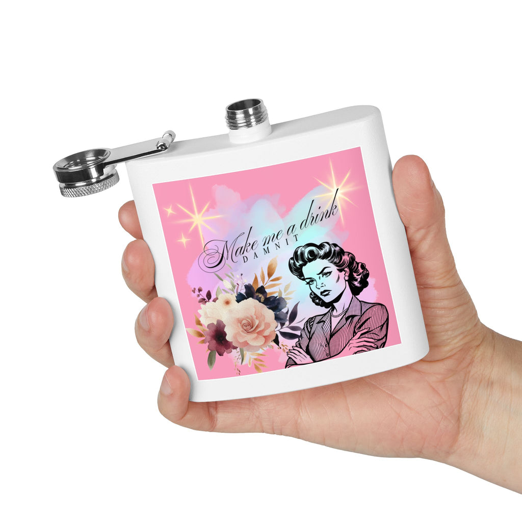 Make Me a Drink, Damnit! Retro Woman Flask