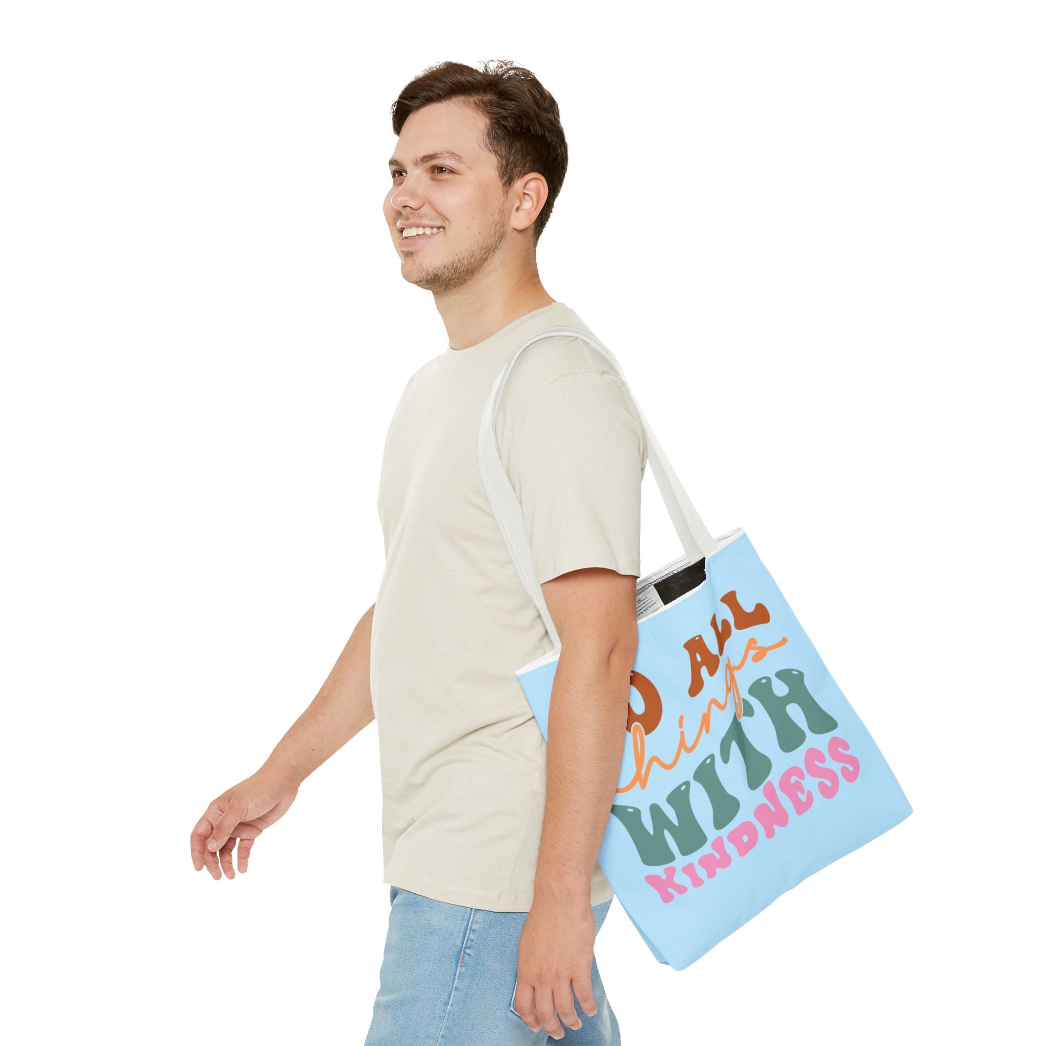 🌸 60s “Do All Things With Kindness” Retro Tote Bag – Baby Blue