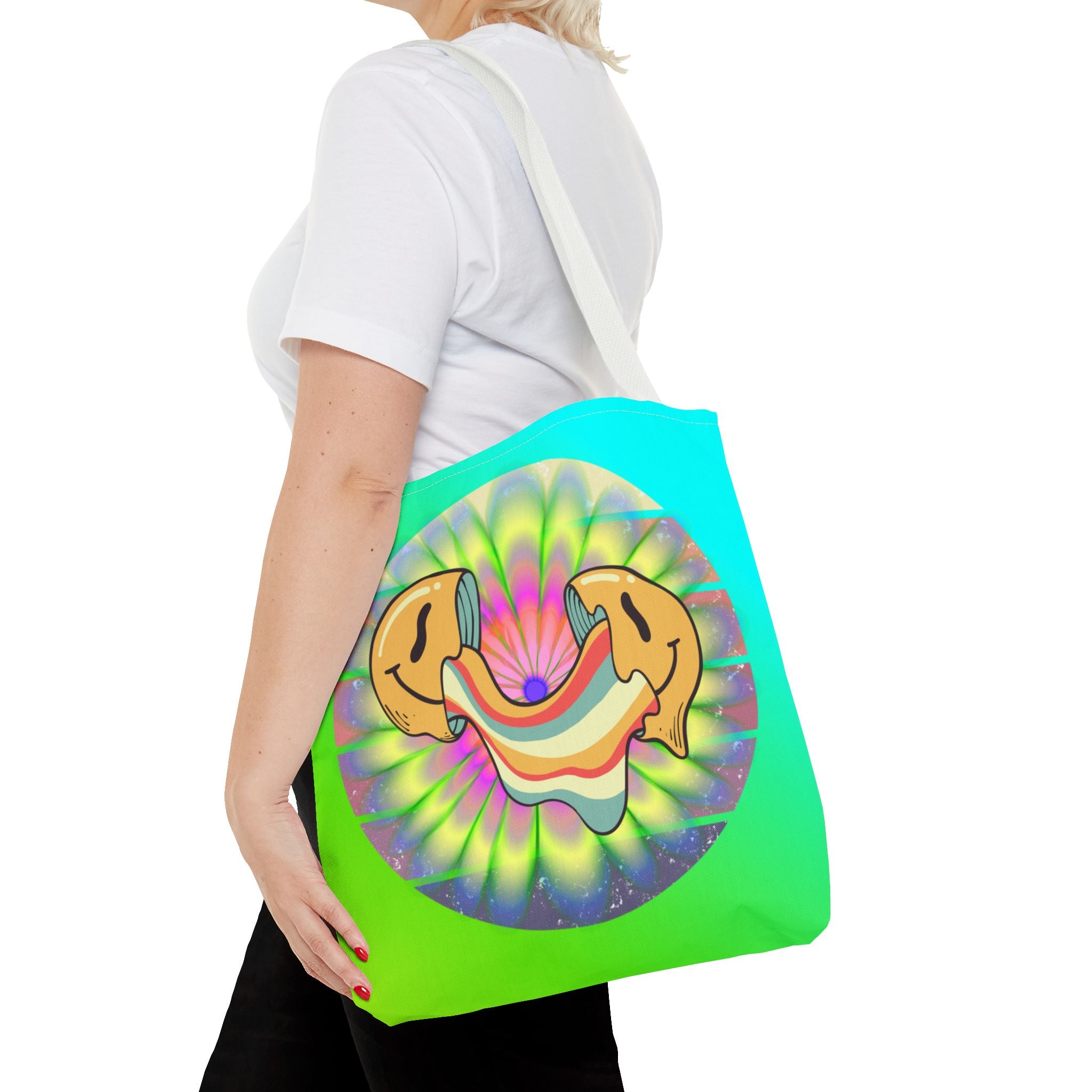 😊🌈 70s Trippy Psychedelic Smiley Tie-Dye Tote Bag ✨🍄