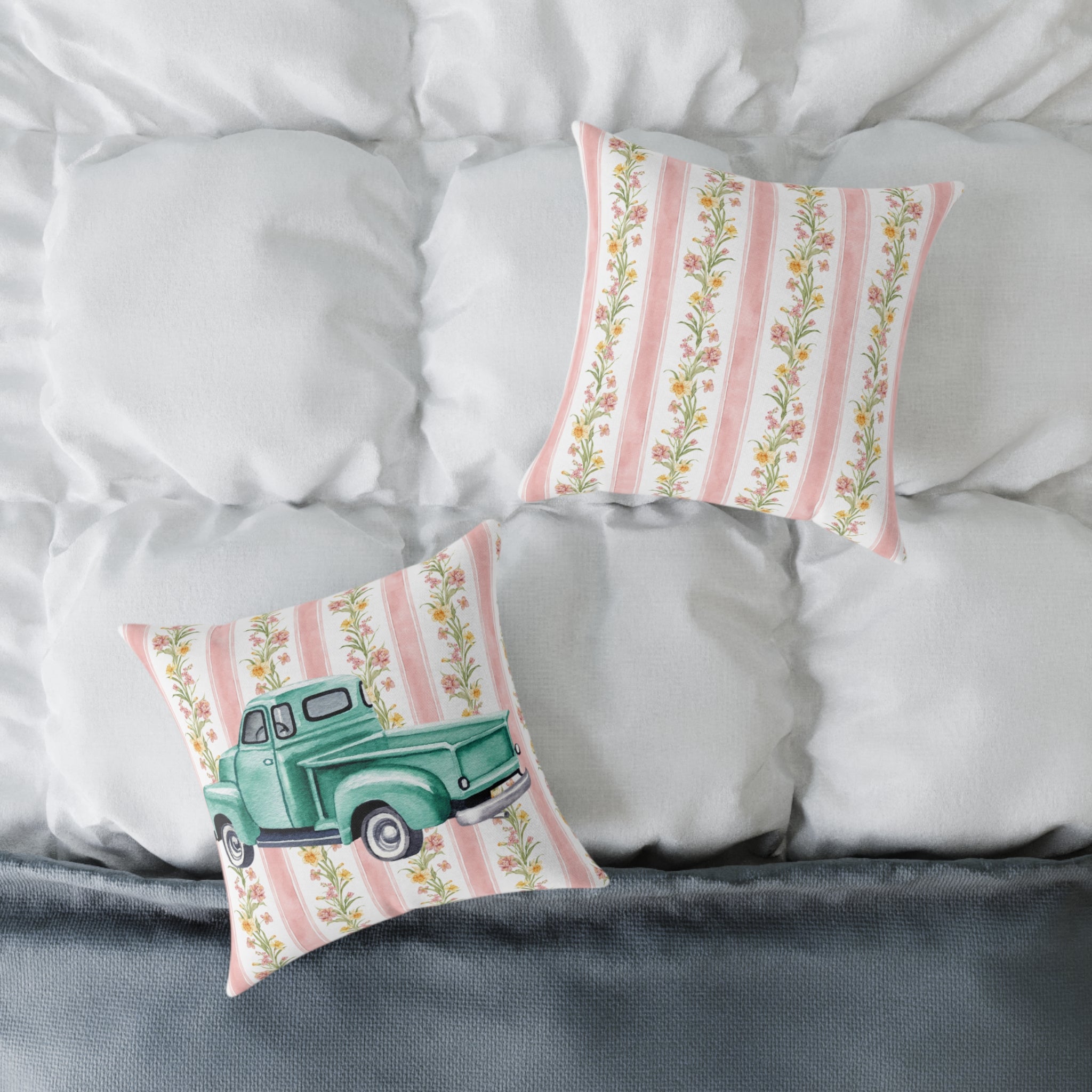 50s Vintage Floral Truck Canvas Pillow