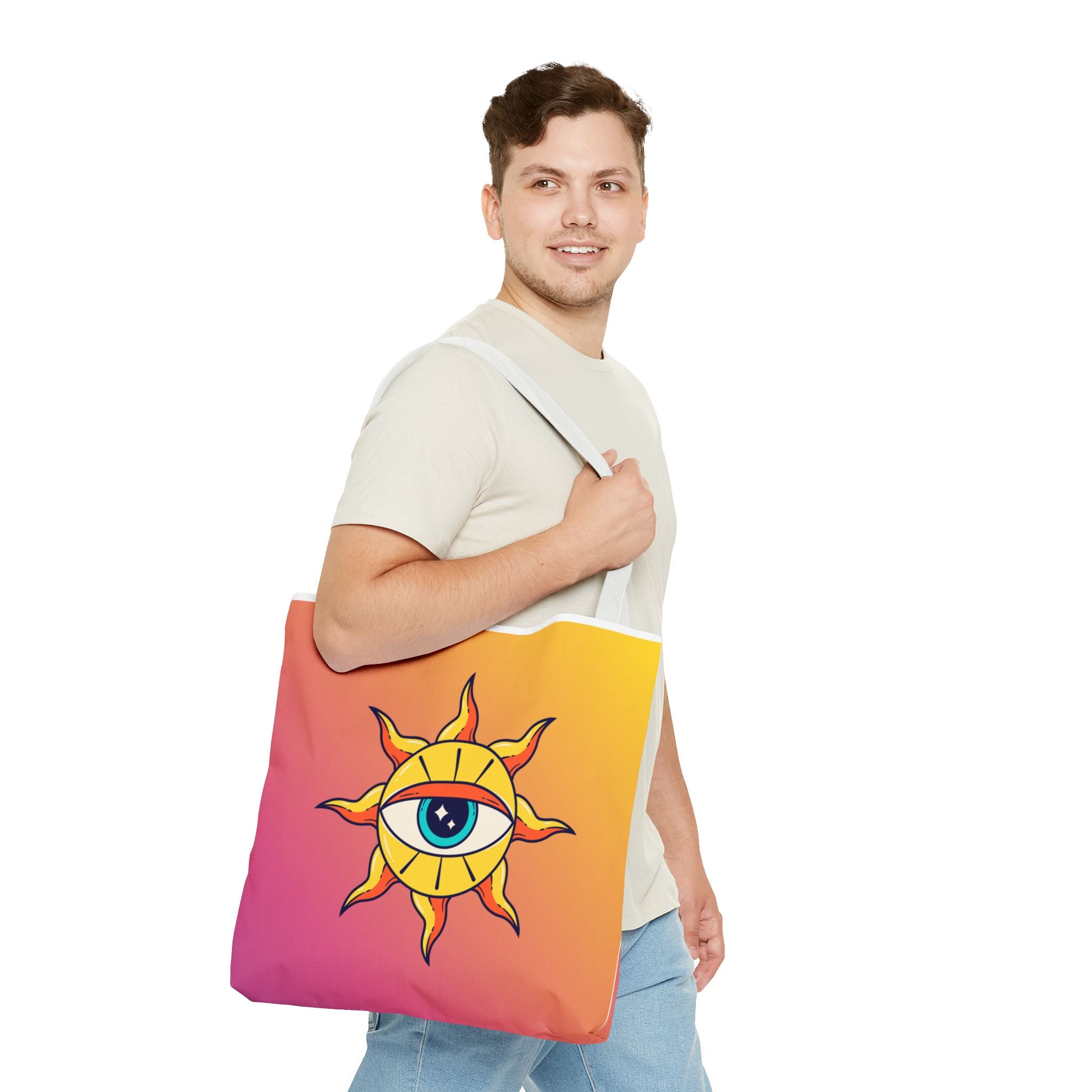 🌞👁️ 70s All-Seeing Eye Sun Design Tote Bag ✨🌿