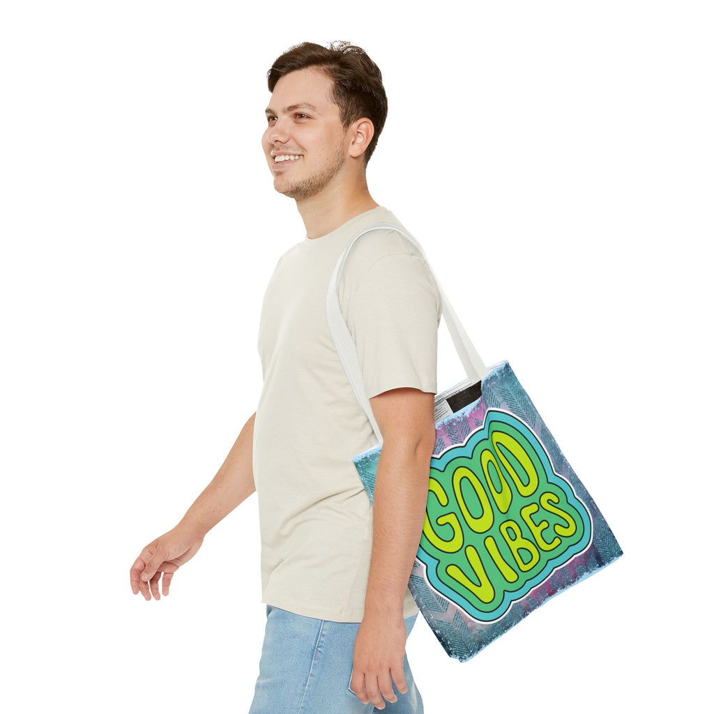 💚 70s Good Vibes Green & Blue Retro Throwback Tote Bag