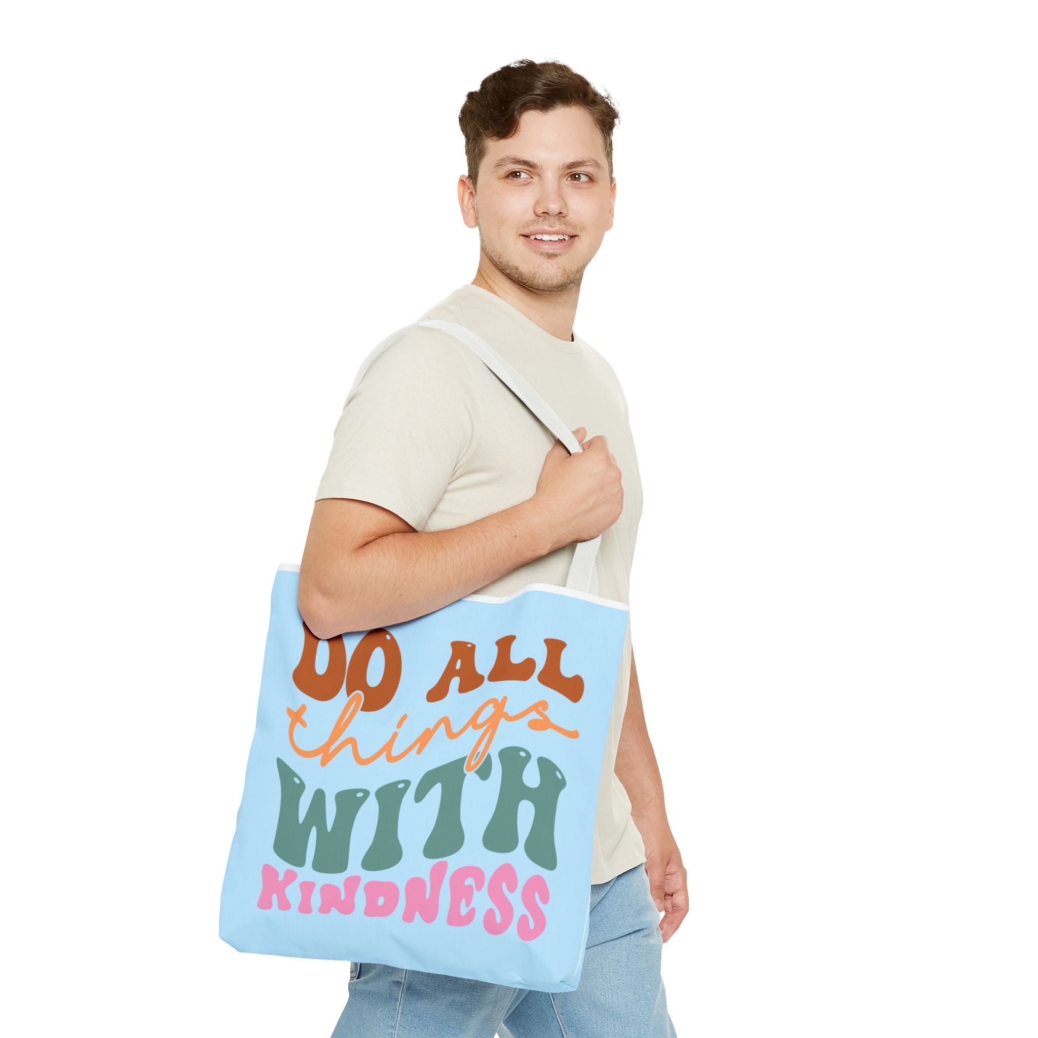 🌸 60s “Do All Things With Kindness” Retro Tote Bag – Baby Blue
