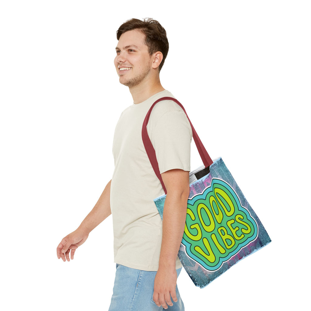 💚 70s Good Vibes Green & Blue Retro Throwback Tote Bag