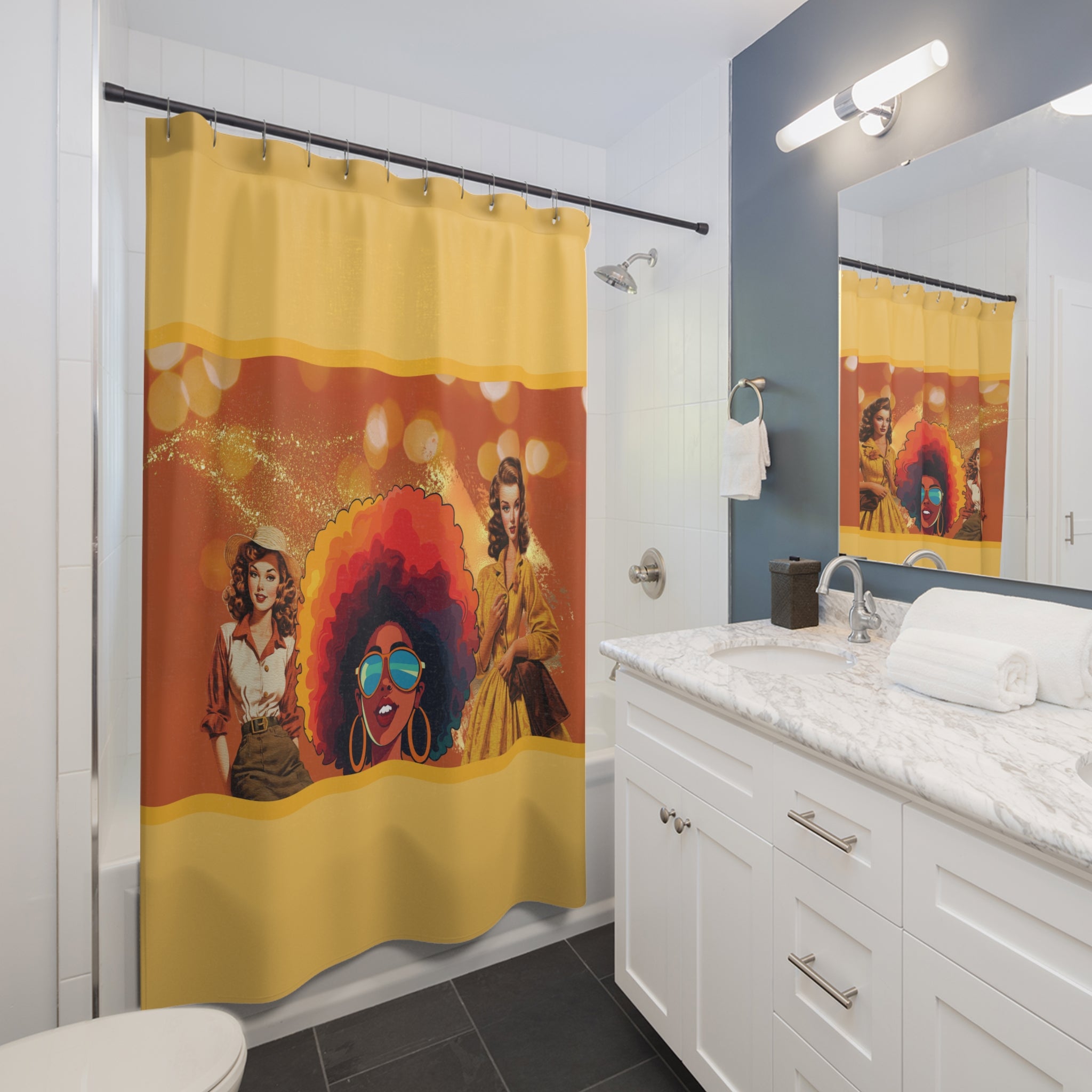 💛 Groovy Gold Retro Women Shower Curtain