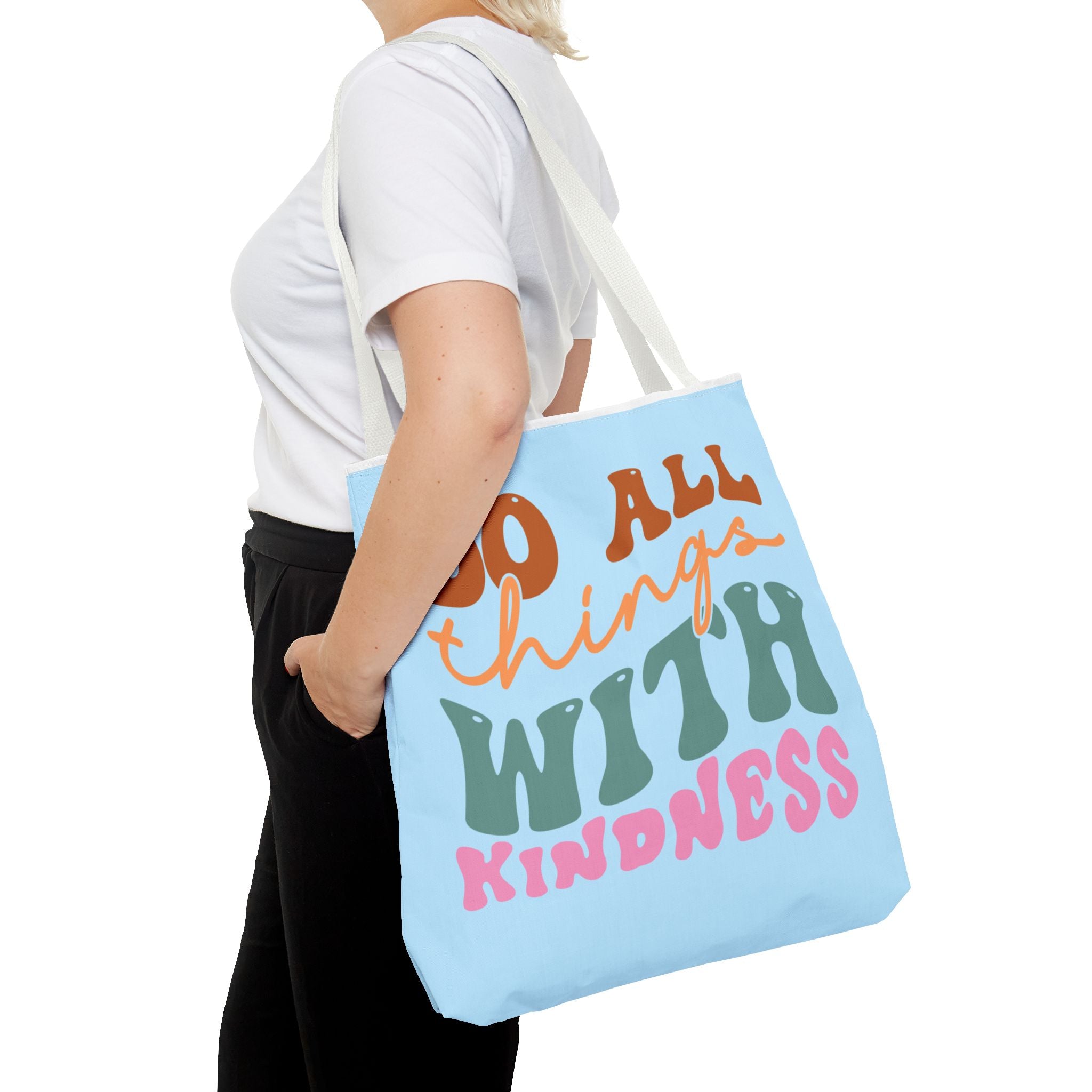 🌸 60s “Do All Things With Kindness” Retro Tote Bag – Baby Blue