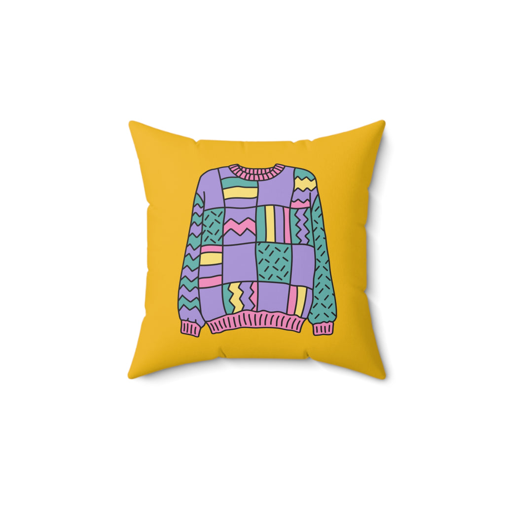 Square Pillow 90s Ugly Sweater Purple Yellow Pink Teal Nostalgic Design
