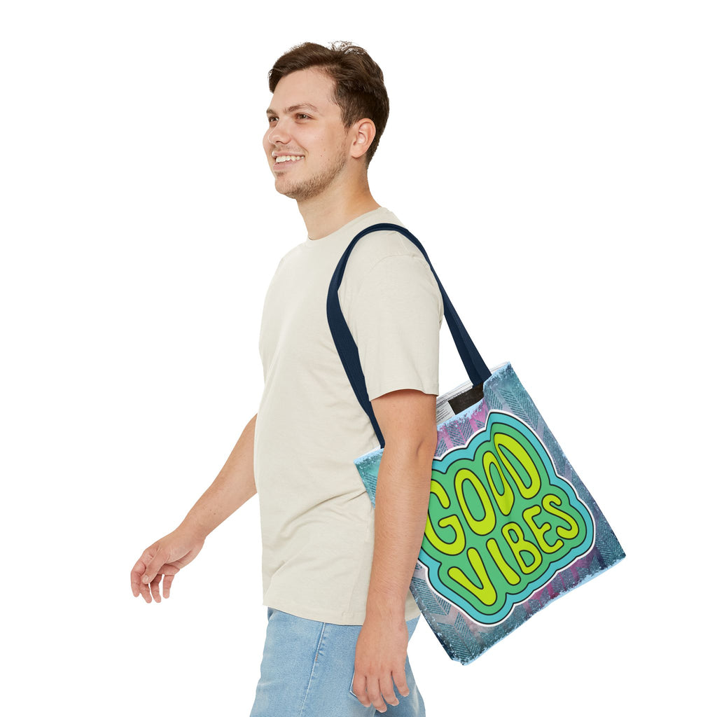 💚 70s Good Vibes Green & Blue Retro Throwback Tote Bag
