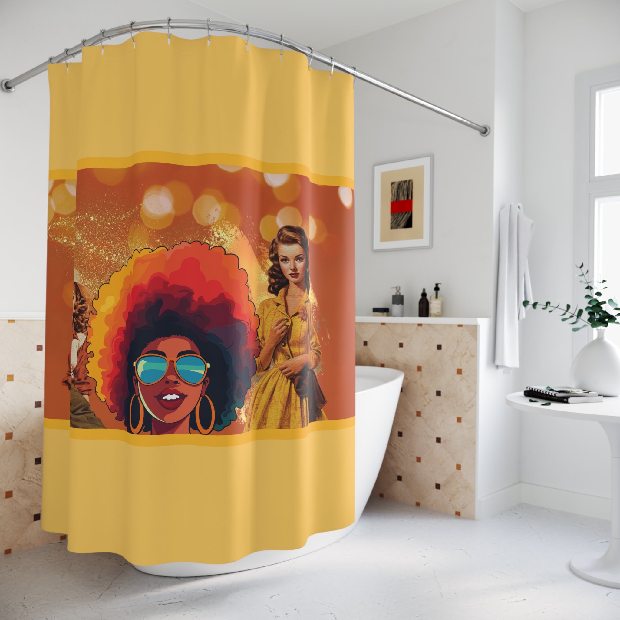 💛 Groovy Gold Retro Women Shower Curtain