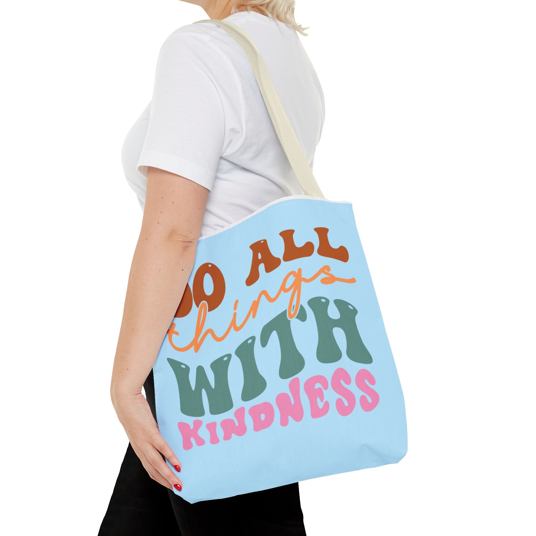 🌸 60s “Do All Things With Kindness” Retro Tote Bag – Baby Blue
