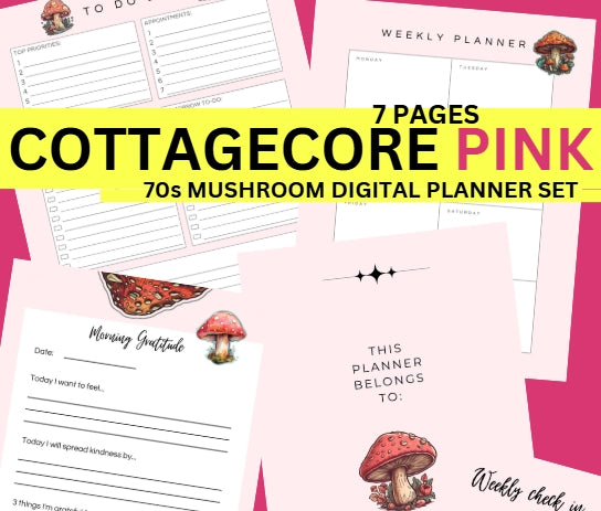 🌸 70s Cottagecore Pink Mushroom Digital Printable Planner