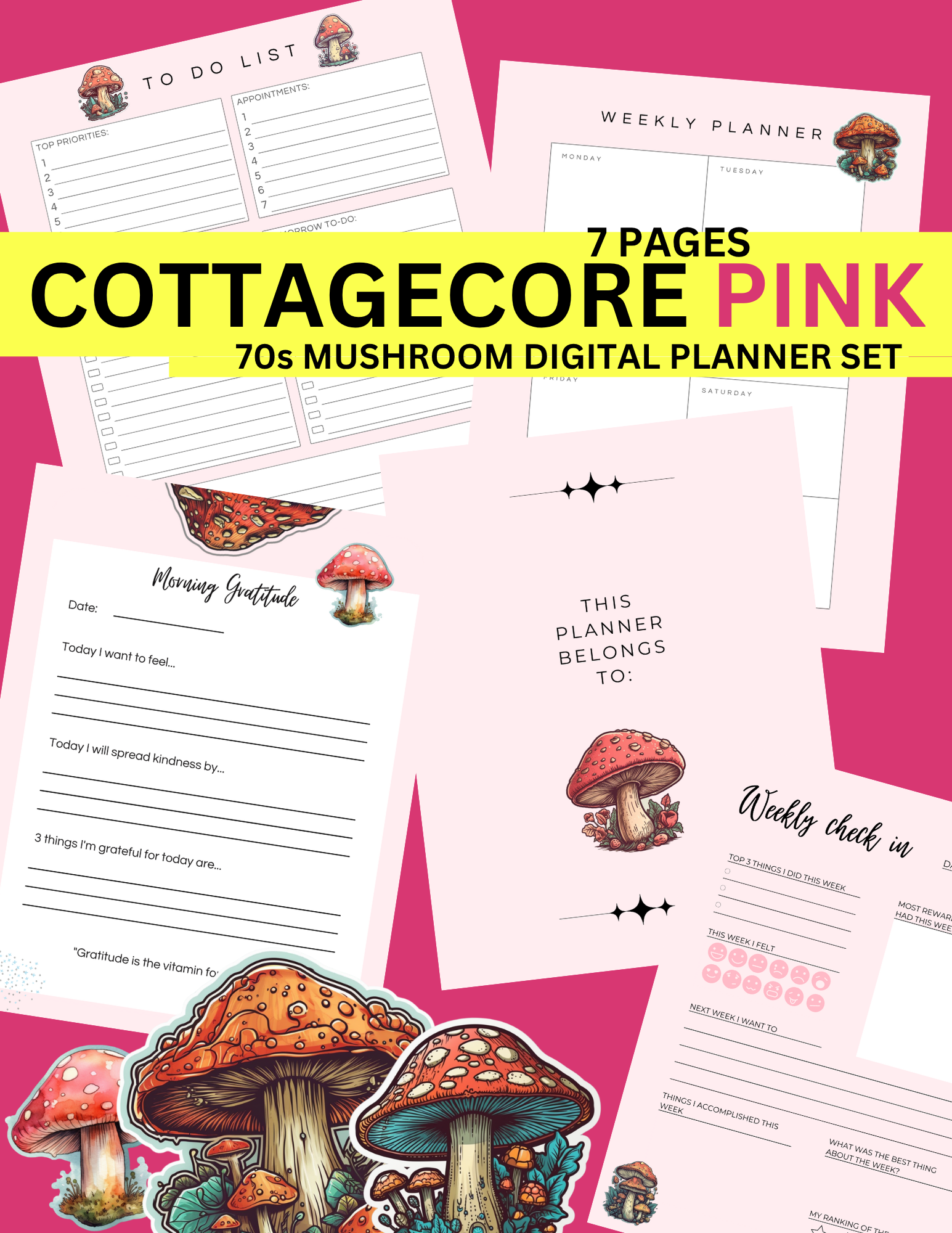 🌸 70s Cottagecore Pink Mushroom Digital Printable Planner
